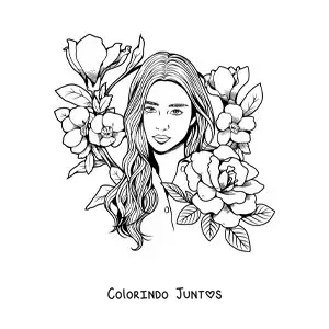 Desenho para colorir de uma mulher jovem em estilo realista cercada de flores