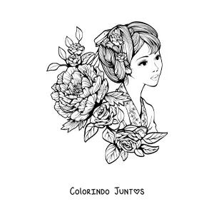 Desenho para colorir de uma mulher asiatica cercada de flores