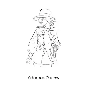 Desenho para colorir de uma mulher usando oculos de sol e um chapeu elegante