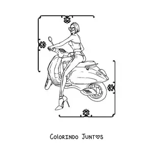 Desenho para colorir de uma mulher vestida com calcas pilotando uma motocicleta
