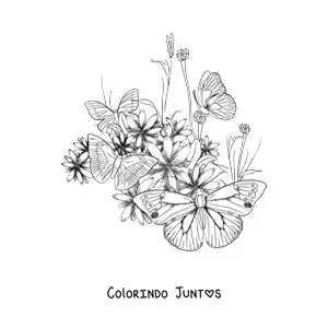 Desenho para colorir de varias borboletas pousadas sobre flores