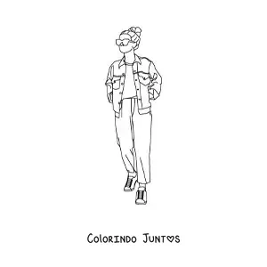 Desenho para colorir de uma garota com roupa moderna desenhada de corpo inteiro