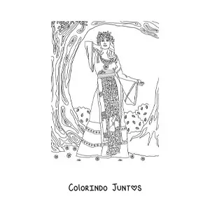 Desenho para colorir de uma garota vintage com um cenario de plantas e trepadeiras