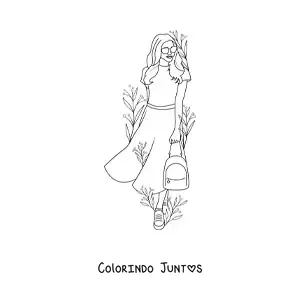 Desenho para colorir de uma garota moderna encostada em uma parede cercada de flores