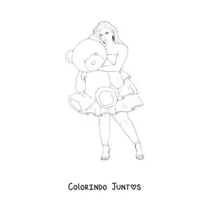 Desenho para colorir de uma garota com vestido curto casual segurando um ursinho de pelucia