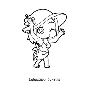 Desenho para colorir de uma garota kawaii vestida para ir a praia