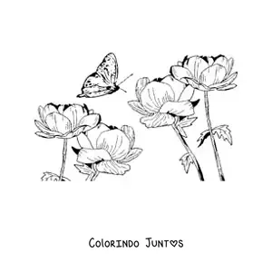 Desenho para colorir de uma borboleta voando sobre flores silvestres