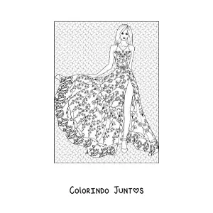 Desenho para colorir de uma mulher com um vestido longo de estampa florida