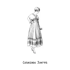 Desenho para colorir de uma mulher vestida com um vestido vintage