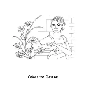 Desenho para colorir de uma mulher realista junto a varias flores plantadas