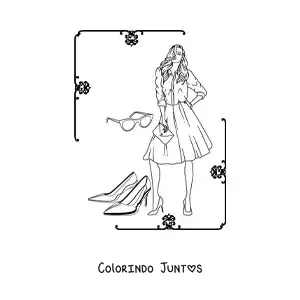 Desenho para colorir de uma mulher usando um vestido e saltos altos