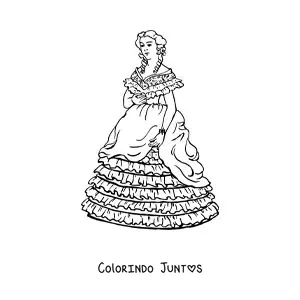 Desenho para colorir de uma mulher usando um vestido longo estilo vintage