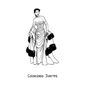 Desenho para colorir de uma dama vestida na moda vintage