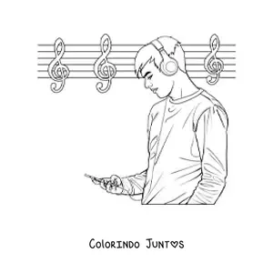 Desenho para colorir de um homem jovem ouvindo musica com fones de ouvido com uma pauta musical ao fundo