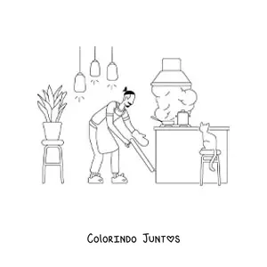 Desenho para colorir de um homem limpando um apartamento