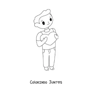 Desenho para colorir de um homem jovem segurando um coracao nos bracos