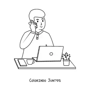 Desenho para colorir de um homem jovem feliz trabalhando no computador enquanto fala ao telefone