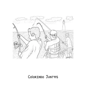 Desenho para colorir de varios homens pescando na beira de um lago