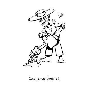 Desenho para colorir de um senhor jardineiro regando as plantas