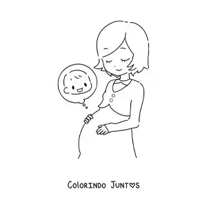 Desenho para colorir de uma mulher jovem gravida sentindo o bebe na barriga