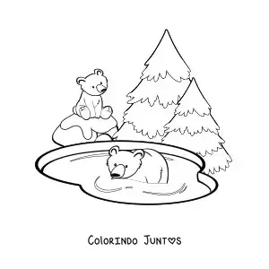 Desenho para colorir de um par de ursos-polares em um lago ao lado de uns pinheiros