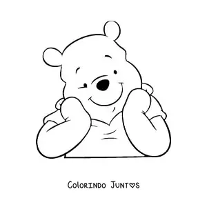Desenho para colorir do rosto do Ursinho Pooh apoiado sobre as maos sorridente