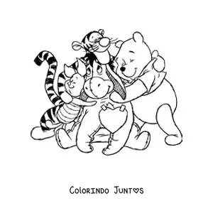 Desenho para colorir do Ursinho Pooh em um abraco com seus amigos