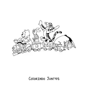 Desenho para colorir do Ursinho Pooh e seus amigos brincando em um trem de brinquedo