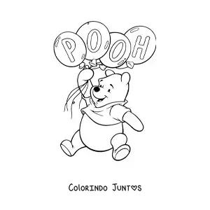 Desenho para colorir do Ursinho Pooh flutuando segurando uns baloes com seu nome