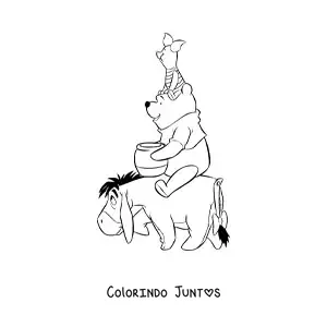 Desenho para colorir do Pooh sentado sobre o Bisonho com o Leitao sentado sobre sua cabeca