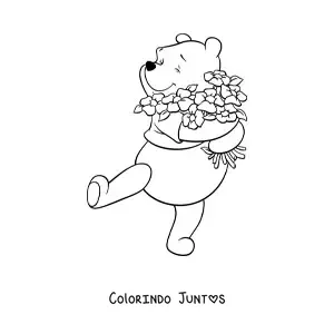 Desenho para colorir do Ursinho Pooh feliz abracando umas flores