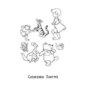 Desenho para colorir dos amigos do Pooh brincando juntos