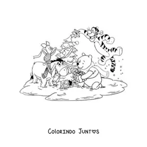 Desenho para colorir do Pooh junto a seus amigos decorando uma arvore de Natal