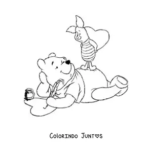 Desenho para colorir do Pooh junto ao Leitao desenhando coracoes