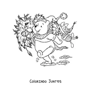 Desenho para colorir do Leitao e do Pooh carregando uma arvore de Natal