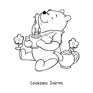 Desenho para colorir do Ursinho Pooh tomando cha junto a umas flores