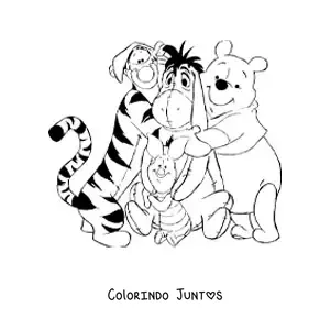 Desenho para colorir dos amigos do Ursinho Pooh em um abraco em grupo