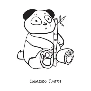 Desenho para colorir de um urso panda kawaii sentado segurando um ramo de bambu