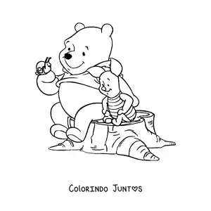 Desenho para colorir do Pooh sentado sobre um tronco com um caracol na mao junto ao Leitao