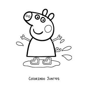 Desenho para colorir da Peppa usando botas pisando em uma poca de lama