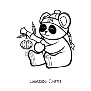 Desenho para colorir de um urso panda kawaii sentado com uma bandana na cabeca e um bambu