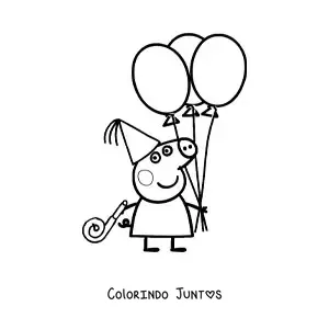 Desenho para colorir da Peppa usando um chapeu de festa e segurando varios baloes