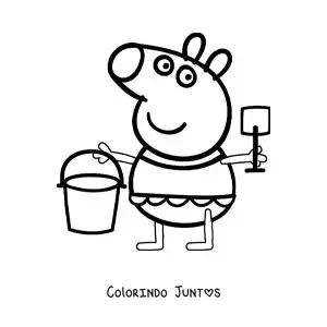Desenho para colorir da Peppa vestida de maio segurando um baldinho e uma pa para a areia