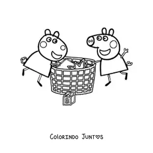 Desenho para colorir da Peppa e da Suzy mexendo nas coisas dentro de uma cesta grande
