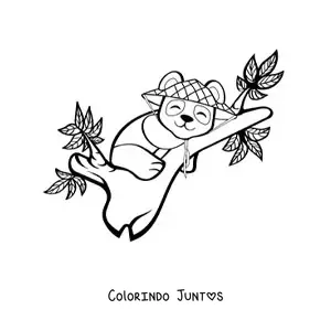 Desenho para colorir de um urso panda kawaii animado dormindo sobre o galho de uma arvore