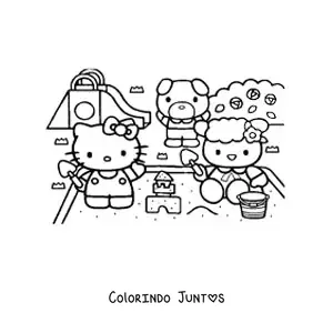 Desenho para colorir da Hello Kitty brincando com seus amigos na caixa de areia do parque