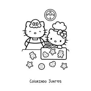 Desenho para colorir da Hello Kitty assando biscoitos junto a sua mae