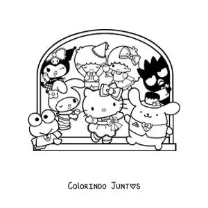 Desenho para colorir da Hello Kitty junto a varios personagens amigos da Sanrio