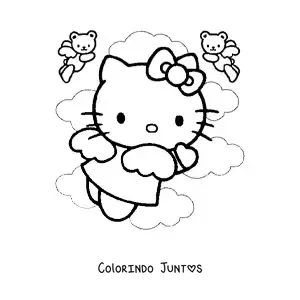 Desenho para colorir da Hello Kitty vestida de anjo entre as nuvens junto a dois ursinhos anjos