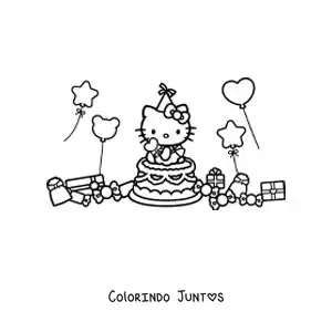 Desenho para colorir da Hello Kitty sobre um bolo de aniversario cercada de baloes e presentes